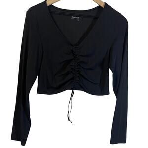 Aerie Offline Real Me Scrunched Black  Ruched Long Sleeve Crop Top Sz L